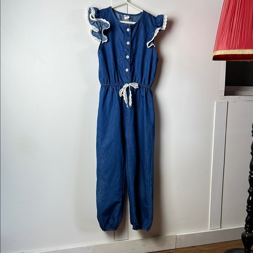 Kids Blue and White Flutter Sleeve Lace Bow Jumpsuit Coastal Sailor Style Romper